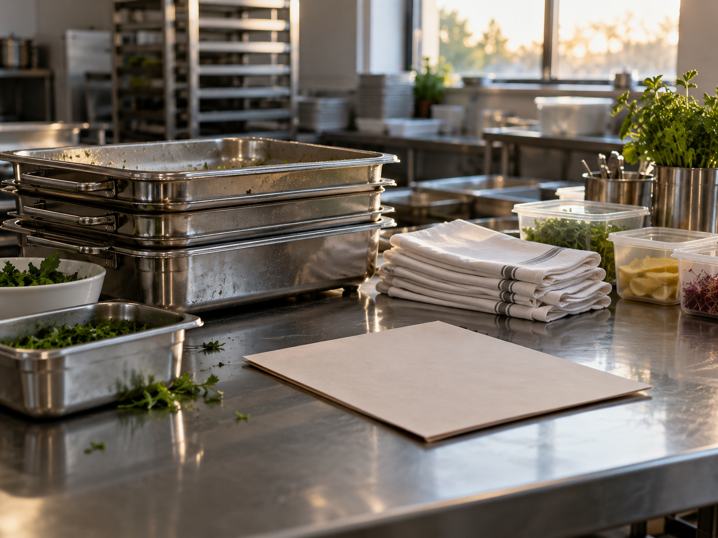 Stacked catering trays and linen on a kitchen worktable after an event.